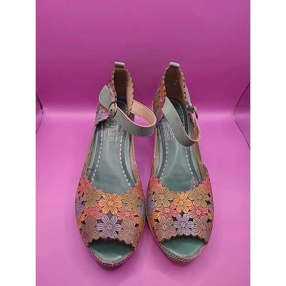 L'Artiste AVNIA Sandals Blue Multi Floral Hand Painted Peep Toe Heels 39 - Picture 1 of 12
